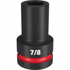 This 1" drive deep impact socket is SAE sized at 7/8" with a 6-point configuration. It is designed for heavy-duty fastening applications using impact tools, such as in automotive, construction, and industrial maintenance for tightening or loosening bolts and nuts with high torque.