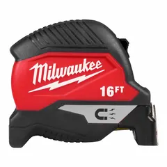 Standard inch tape measure with a 16 ft blade marked in 1/16 in increments. Features a magnetic single hook tip for attachment to ferrous surfaces, a manual lock, and a plastic housing in black and red. Suitable for general measuring tasks where hands-free operation on metal surfaces is beneficial.