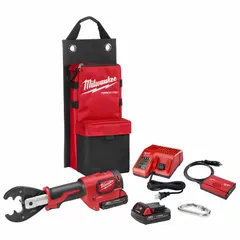 This M18 FORCE LOGIC inline crimper accepts D3/O/W dies and features ONE-KEY capability. It crimps 8 AWG to 350 kcmil aluminum lugs and up to 600 kcmil copper, suitable for heavy-duty cable terminations in industrial, commercial, and utility installations. The kit includes a charger.