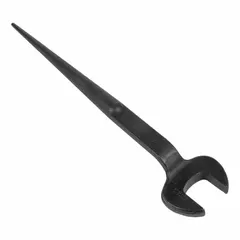 Alloy steel spud wrench with black oxide finish. SAE offset open end design with 3 5/8 in head size and 11/16 in head thickness. Used for aligning bolt holes and tightening or loosening nuts and bolts in structural steel and framing applications.