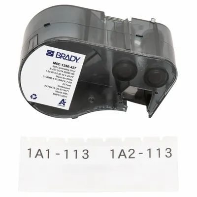 BRADY Wraparound Label: 1 1/4 in, 1 1/4 in x 25 ft, Vinyl, White (Matte) - Brady Continuous Label Roll Cartridges