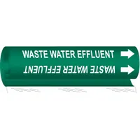 Green wrap-around pipe marker with white legend reading 'Waste Water Effluent' and directional arrows. Fits pipe outer diameters from 1/2 to 1-3/8 inches. Used to identify waste water effluent lines in industrial piping systems