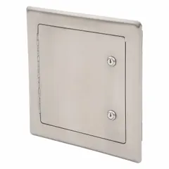 This 14-inch by 14-inch locking access door is constructed from 16-gauge 304 stainless steel with a concealed hinge and exposed flange for wall mounting. It provides secure access to plumbing, electrical, or HVAC components in commercial and industrial settings.