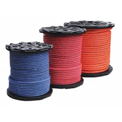 Static polyester rope with 1/2 in diameter and 640 lb working load limit. Blue color. Suitable for rigging, climbing, and industrial access applications where minimal stretch is required.