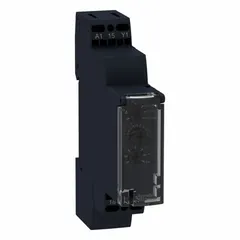 DIN-rail mounted time delay relay with off-delay function. Operates on 12V AC/DC input voltage. Contact rating 8 A at 12V DC. Timing range adjustable from 1 second to 100 hours. Suitable for industrial timing control applications requiring delayed shutdown after signal removal.