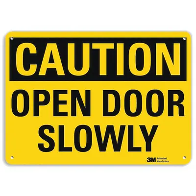 LYLE Caution Sign: Plastic, Mounting Holes Sign Mounting, 10 in x 14 in Nominal Sign Size - Caution: Open Door Slowly Signs