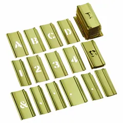 This brass interlocking stencil set includes a period (.) and comma (,) character, along with two spacers. Characters have a 1 1/2 in width and interlock horizontally for alignment. Used for marking equipment, parts, and supplies with durable, legible characters.