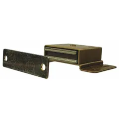 This magnetic push-to-close catch is constructed of brass and features a pull opening action. It is designed for use on cabinet doors, access panels, and enclosures where a secure hold and easy release are required. Dimensions: 3 1/2 in height, 2 in width.