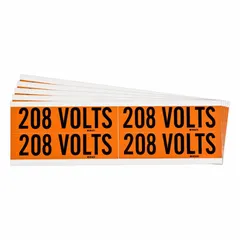 Self-stick vinyl markers for identifying 208-volt circuits on conduits and electrical panels. Each label measures 4 1/8 in wide by 1 1/8 in tall with a '208 Volts' legend and Label Style B. Suitable for use in industrial facilities to meet safety labeling requirements.