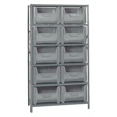 This metal stationary bin shelving unit features a steel frame in gray and includes 10 gray polypropylene open-front bins. Each bin measures 12-1/4 in x 17-1/2 in x 13-5/8 in and uses a hang-and-stack design. The unit is 1-sided with 6 shelves, suitable for organizing small parts and components in warehouses, manufacturing facilities, and maintenance shops.