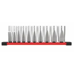 This 10-piece socket set includes deep well sockets in SAE sizes from 5/16 in to 7/8 in with a 3/8 in drive and 6-point design. The deep sockets allow access to recessed fasteners in automotive, machinery, and industrial applications. Friction retention holds sockets securely on the drive tool.