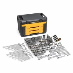 This 243-piece mechanics tool set includes combination wrenches and other hand tools in both metric and SAE sizes, supplied in a portable tool case. Suitable for automotive repair, equipment maintenance, and general mechanical work.