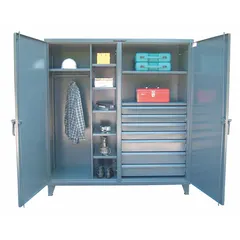This assembled combination wardrobe shift cabinet features a dark gray finish with legs base type. It includes 2 doors, 7 drawers, and 7 adjustable shelves, providing organized storage for clothing, tools, and supplies in industrial and commercial settings such as workshops, warehouses, and locker rooms.
