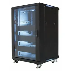 This fan-cooled server rack enclosure provides 18 rack units of space for mounting 19-inch IT equipment. Constructed of steel with a tempered glass door, it includes casters for mobility and two cooling fans for ventilation. Typical applications include organizing servers, switches, and patch panels in data centers or network rooms.