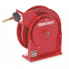 Spring-return hose reel for air or water service. Holds 20 ft of 1/4 in I.D. hose. Features 1/4 in MNPT inlet and outlet, brass swivel, and 300 psi max operating pressure. Red finish. Overall dimensions: 12-5/8 in L x 5-5/8 in W x 12-7/8 in H.