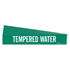Green adhesive pipe marker with white legend reading 'Tempered Water'. Designed for pipes with outer diameter of 8 inches and larger. Each pack contains 5 markers without arrows. Used to identify pipes carrying tempered water in industrial and commercial facilities.