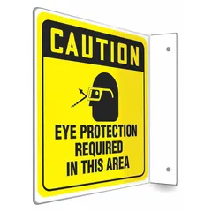 This L-shape projection sign indicates areas where eye protection is required. Made of PETG with mounting holes for secure installation on walls or posts. Nominal size 8 in x 8 in. Not retroreflective, not glow-in-the-dark, and without anti-slip surface.