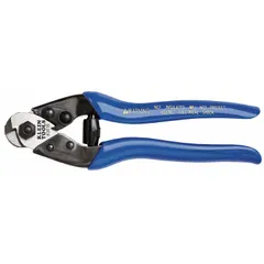 Shear-type cable cutter with plastic handle, designed for one-handed operation. Cuts aluminum electric cable up to 3/16 in diameter, as well as copper and mild steel wire up to 1/4 in. Suitable for electrical and data cable cutting tasks.