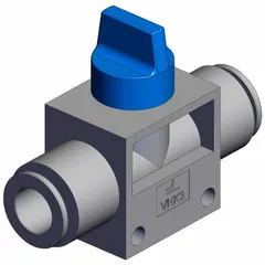 Manual air control valve with knob actuator, 3 ports, 10 mm side-ported body, and blue actuator. Used to start, stop, or direct compressed air flow in pneumatic systems. Suitable for panel-mount applications in automation, packaging, and assembly lines requiring hand-operated control.