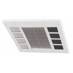 Fan-forced electric ceiling heater for recessed or drop-in mounting. Operates on 240V AC, 1 or 3-phase, with selectable wattage output of 2500W, 3800W, or 5000W. White housing, overall dimensions 23-3/4 in x 23-3/4 in x 5-3/4 in. Suitable for heating commercial or industrial spaces such as warehouses, workshops, and retail areas.