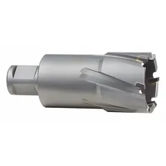 Carbide-tipped annular cutter with 1-5/8 in diameter and 2 in maximum cutting depth. Bright finish, Weldon Flat shank, fractional inch sizing. Suitable for cutting tough materials in structural steel fabrication and heavy equipment maintenance.