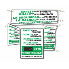 Safety Kit: No Protective Coating, English/Spanish (MPN SBMSK434). Key specifications — Protective Coating: No Protective Coating; Includes Frame: No; Write on Surface: No; Printed Language: Spanish.