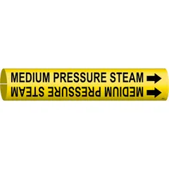 Yellow snap-on pipe marker with black legend reading 'Medium Pressure Steam' and directional arrows. Fits pipe outer diameters from 3/4 to 1-3/8 inches. Used to identify medium pressure steam lines in industrial piping systems, aiding in compliance with pipe-labeling standards and enhancing safety during operation and maintenance.