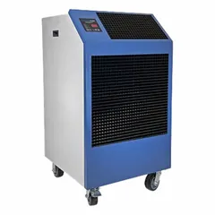 This cooling-only portable air conditioner delivers 60,100 BtuH and operates on 460V AC. It is designed for indoor use in industrial or commercial spaces such as server rooms, manufacturing floors, or temporary event cooling. The unit includes an air filter and covers areas from 1,250 to 2,500 sq ft.