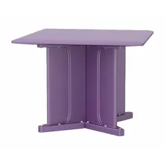 Polyethylene square table with X-base design. Accepts ballast for stability. No game top surface. Overall dimensions: 42 in width, 42 in depth. Suitable for break rooms, cafeterias, or outdoor seating areas.