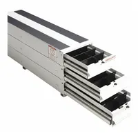 White aluminum storage drawer for cargo vans and trucks. Includes three shelves and a 49-inch overall depth for organizing tools and equipment in mobile work environments