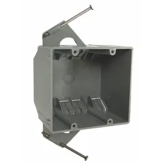 This RACO 7835RAC is a 2-gang nonmetallic electrical box made of PVC. It has a box depth of 2 15/16 inches and features a fixed bracket with a 1/2-inch setback and an NMSC clamp style. Suitable for mounting switches, outlets, or devices in new construction or retrofit applications.