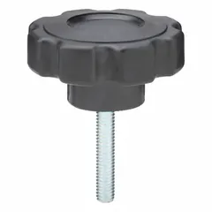This 8-arm knob with threaded stud is used for manual adjustment, clamping, and positioning on machinery, jigs, and fixtures. It features a 1.25 in diameter plastic body with steel thread and a 5/16"-18 thread size.