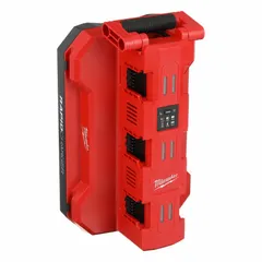 This multi-port charger operates on 120V AC input and charges up to six 18V DC batteries simultaneously. A 5 Ah battery is charged in one hour. The unit is Packout-compatible for integration with modular storage systems. Suitable for high-volume battery management in workshop or job site environments.