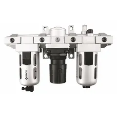 This combined filter, regulator, and lubricator unit conditions compressed air in pneumatic systems. It filters particulates down to 40 micron, regulates pressure up to 145 psi, and lubricates downstream tools. With a 1/4 in NPT port size and 46 cfm flow capacity, it is used in industrial compressed air applications to protect equipment and improve performance.