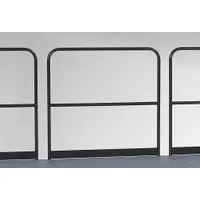 This steel guardrail is designed for temporary fall protection on stages, platforms, and elevated work areas. It has an overall height of 3.5 ft and an overall width of 48 in. Suitable for use in event staging and construction applications where portable guardrails are required