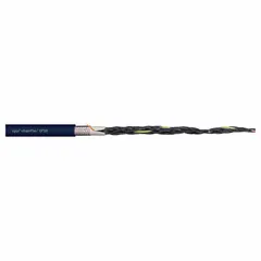 This CHAINFLEX CF10 series control cable features 5 copper conductors with a single conductor configuration, a TPR jacket, and a 300 V rating. It is designed for continuous flexing applications in automated machinery and cable carriers, with bending resistance and minimum bend radius factors of 3 x OD for fixed installation, 4 x OD for flexible use, and 5 x OD for e-chain applications. The cable meets IEC 60332-1-2 flame retardance standards.