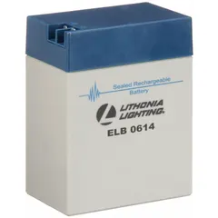 Sealed lead acid battery for emergency and exit lighting systems. Provides backup power during outages. 6 V, 14 Ah capacity, 5 1/2 in overall height. Compatible with ELU3X, ELT36, and ELT50 models.