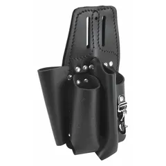 Black leather tool pouch with four open-top pockets designed for carrying screwdrivers. Attaches to belts up to 2 inches wide via a belt slot, providing hands-free access to tools during electrical, construction, and maintenance tasks.