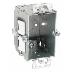 Steel cut-in electrical box for single-gang installations in drywall or paneling. Features knockout (KO) clamps for cable entry and no bracket for retrofit applications. Box depth 2-1/2 in, height 4-1/4 in. Suitable for switches or outlets.