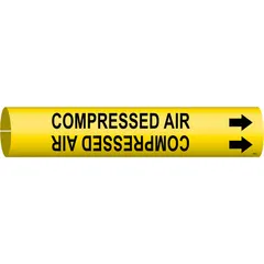 Yellow snap-on pipe marker with black legend reading 'Compressed Air' and directional arrows. Fits pipe outer diameters of 4 to 6 inches. Used to identify compressed air lines in industrial piping systems.