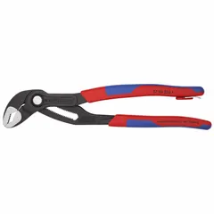 V-jaw tongue and groove pliers with push-button adjustment for quick repositioning across 25 jaw positions. Serrated jaws provide secure grip on round or flat workpieces. Overall length 10 in, maximum jaw opening 2 in. Suitable for gripping and turning pipes, nuts, and fittings in plumbing and maintenance applications.