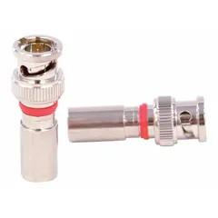 Male BNC connector for RG-6 coaxial cable. Silver and nickel-plated finish. Compression termination style. Quad shield construction. Pack of 10. Used in video surveillance, broadcast, and data transmission systems.