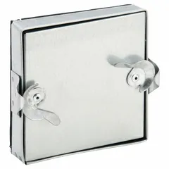 Rectangular flat access door for HVAC ducts, constructed from 24 ga steel with fiberglass insulation. Features a double cam latch and tab-in hinge, with a 6 in observation port height. Provides entry for duct inspection and maintenance.