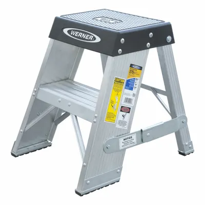 WERNER Step Stool: 2 Steps, 3 ft Overall Ht, 375 lb Load Cap, Aluminum - Rigid Step Stools