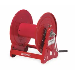 Bench-mounted cord storage reel with capacity for 280 ft of 10/3 cord, 350 ft of 12/3 cord, or 850 ft of 16/3 cord. Used for organized storage and dispensing of power cords in workshops and facilities, reducing tangling and trip hazards.