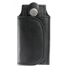 This leather key pouch measures 4 1/2 inches by 65 mm and features a hook-and-loop closure. The plain black finish suits professional environments. It is used for organizing and securing keys, commonly in maintenance, facility management, and industrial settings.