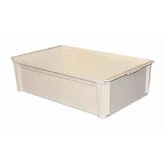 Composite stacking tote with solid walls, rated for extreme temperatures from -60°F to 250°F. Measures 25 3/4 in x 15 3/4 in x 7 1/4 in. Lid not included. Suitable for storage and transport in industrial environments requiring thermal resistance.