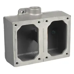 This 2-gang hazardous location electrical box is constructed of iron with a dead end hub type. It features a 1/2-inch hub size and an overall height of 6 13/16 inches. Suitable for use in classified areas requiring robust enclosures for mounting and protecting wiring devices.