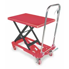 This manual scissor-lift table has a 400 lb load capacity and a steel platform measuring 27 1/2 in L x 17 5/8 in W. It reaches a maximum lifting height of 29 1/4 in. Used in industrial and warehouse settings for positioning loads during assembly, maintenance, or material handling tasks.