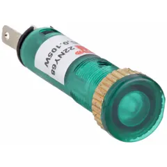 LED indicator pilot light with a flush head design for panel mounting in a 5/16 in diameter hole. Features a 0.11 Male Quick Disconnect electrical connection. Used to signal equipment status on industrial control panels, machinery, and automation systems.